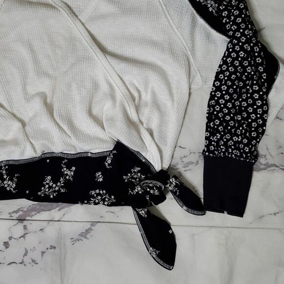 Free People Auxton Thermal Waffle  White and Black Wrap Top with Floral Sleeves - Picture 3 of 5